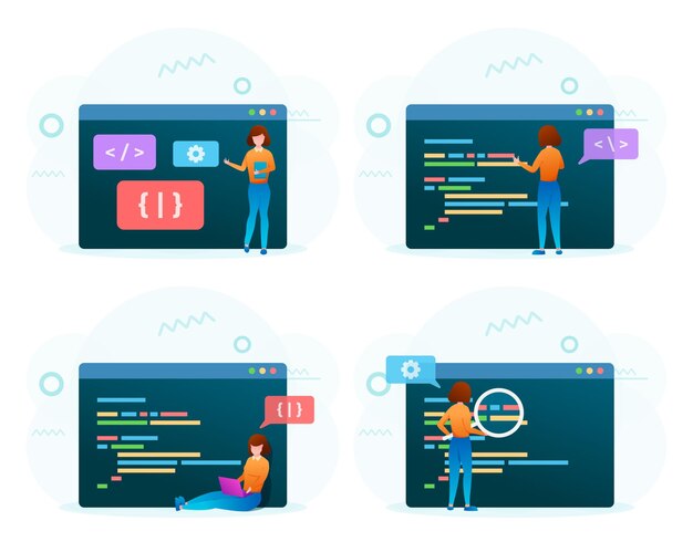 Joven programador detrás de una computadora portátil y una computadora escribe un código