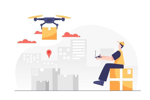 Joven que trabaja con tecnología de servicio de entrega de drones. personaje de dibujos animados, ilustraciones vectoriales. Concepto de entrega de drones