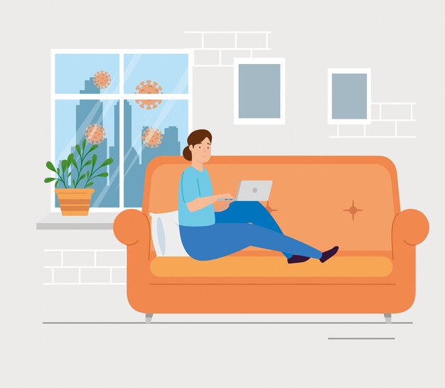 Joven quedarse en casa usando laptop