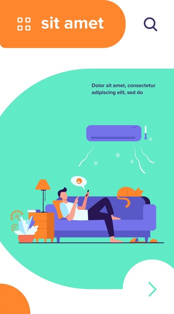Joven relajante en el sofá bajo la ilustración de vector plano de aire acondicionado. Chico de dibujos animados en una habitación fría charlando a través del teléfono inteligente