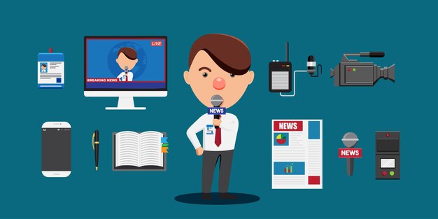 Joven reportero de pie y sosteniendo el micrófono para informar noticias con el equipo de su cámara de video de trabajo, tarjeta de identificación, cinta de video de teléfono inteligente en ilustración de vector de estilo de dibujos animados