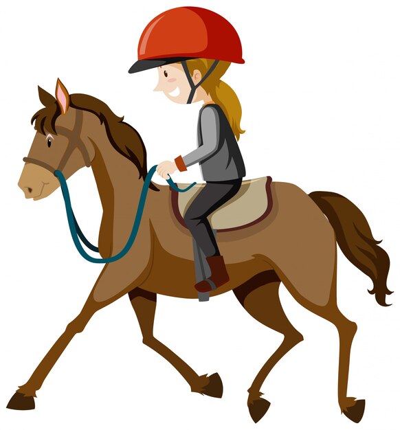 Jovencita con casco o jinete montando un caballo aislado de dibujos animados