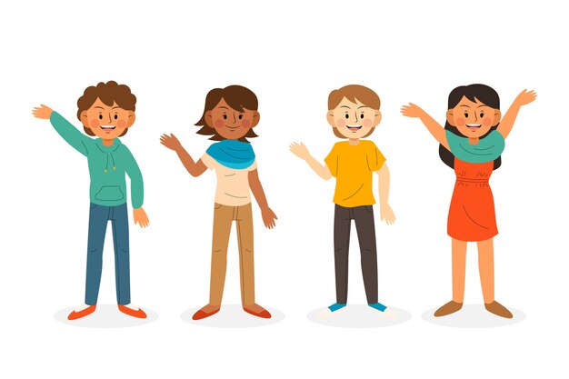 Jóvenes agitando conjunto de ilustración de mano