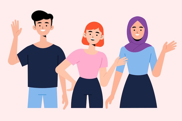 Jóvenes agitando conjunto de ilustraciones de mano