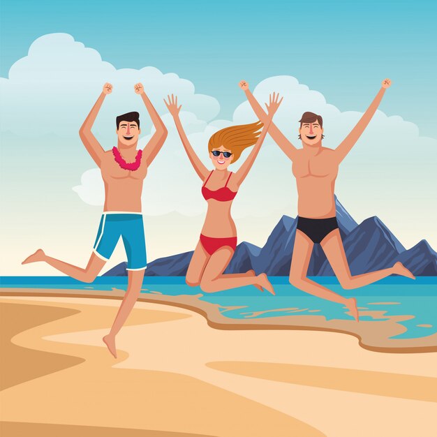 Jóvenes amigos y caricaturas de verano.