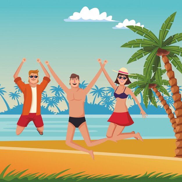 Jóvenes amigos y caricaturas de verano.