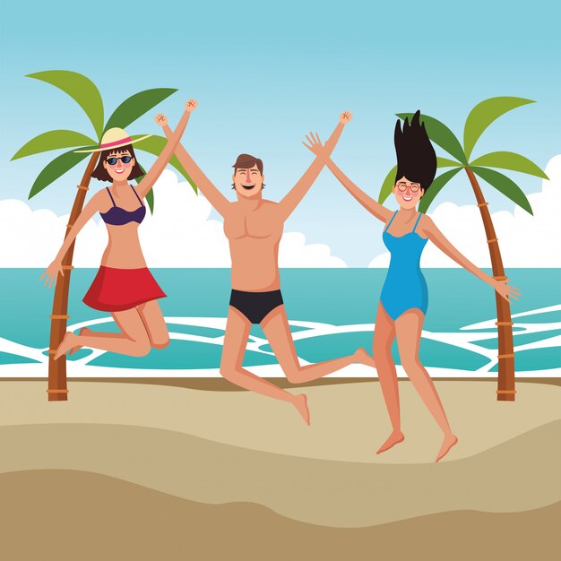 Jóvenes amigos y caricaturas de verano.