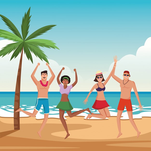 Jóvenes amigos y caricaturas de verano.