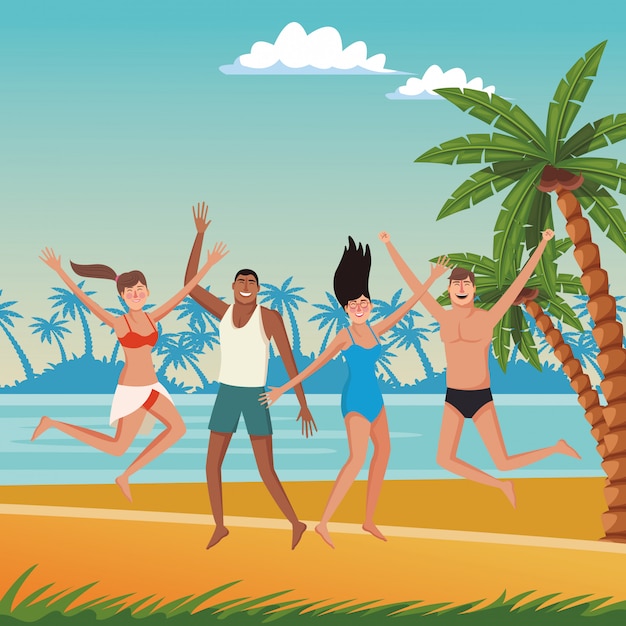 Jóvenes amigos y caricaturas de verano.