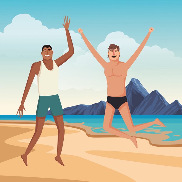 Jóvenes amigos y caricaturas de verano.