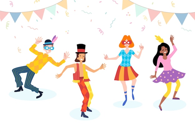 Vector gratuito jóvenes bailarines de carnaval con confeti y guirnaldas