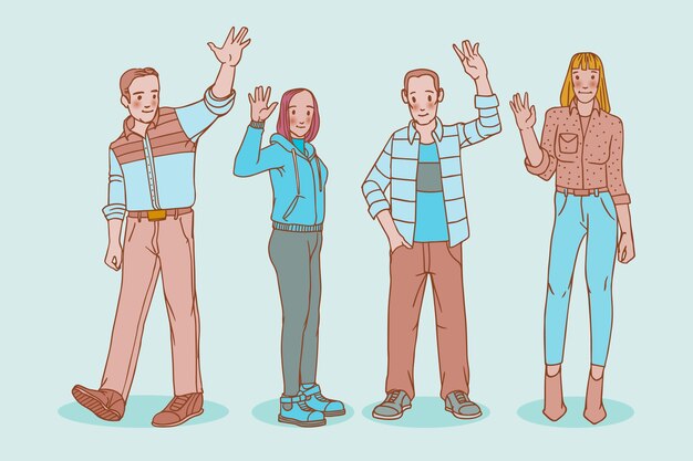 Jóvenes dibujados a mano agitando el paquete de mano