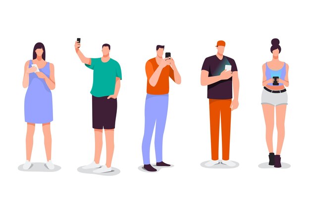 Jóvenes dibujados a mano plana con ilustración de teléfonos inteligentes