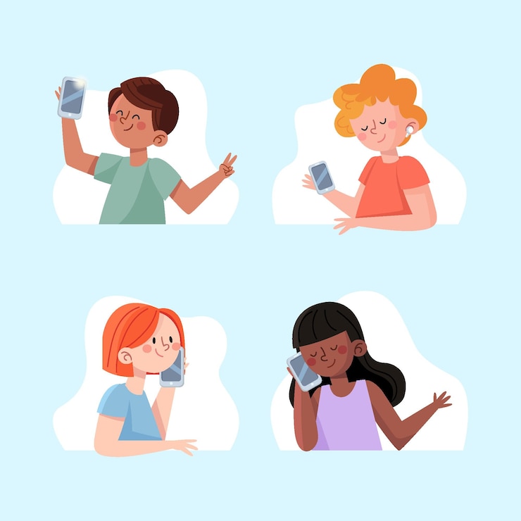 Vector gratuito jóvenes dibujados a mano usando teléfonos inteligentes