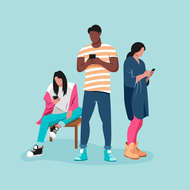Jóvenes dibujados con teléfonos inteligentes