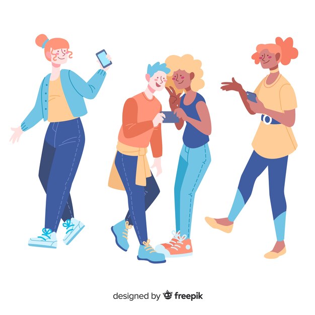 Jóvenes con diseño plano de teléfonos inteligentes