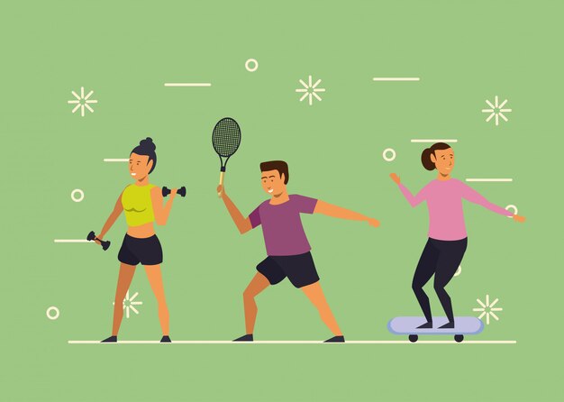 Jóvenes entrenando deportes dibujos animados