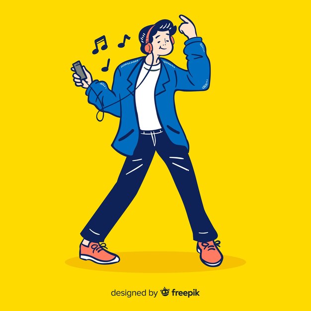 Jóvenes escuchando música en estilo de dibujo coreano
