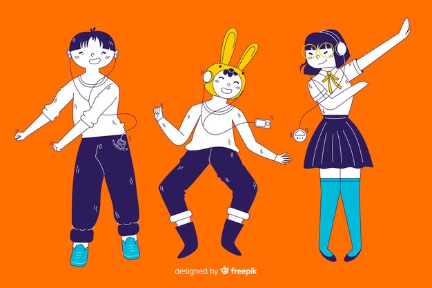 Jóvenes escuchando música en estilo de dibujo coreano