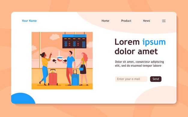 Jóvenes esperando en el aeropuerto para el avión. Vuelo, avión, equipaje ilustración plana. Diseño de sitio web de concepto de viajes, viajes y vacaciones o página web de aterrizaje