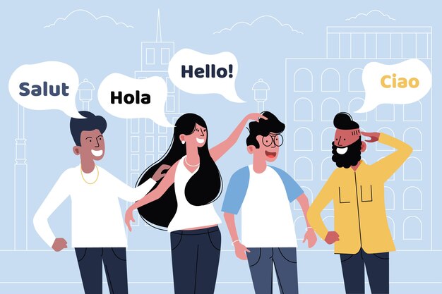 Jóvenes hablando en diferentes idiomas.