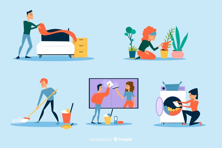 Vector gratuito jóvenes haciendo tareas domésticas