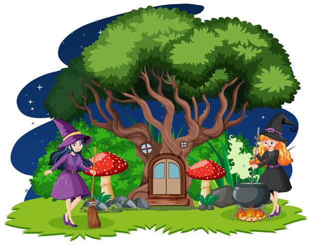 Jóvenes hermosas brujas con estilo de dibujos animados de la casa del árbol aislado sobre fondo blanco.