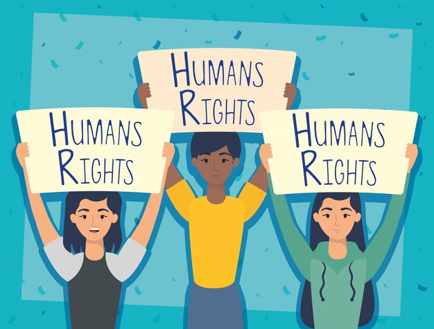 Jóvenes interraciales con diseño de ilustración de vector de etiqueta de derechos humanos