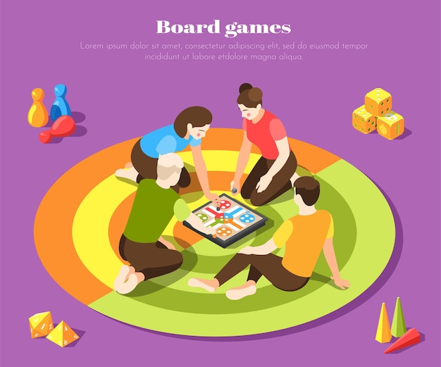 Los jóvenes jugando junto con el juego de mesa de color superficie isométrica