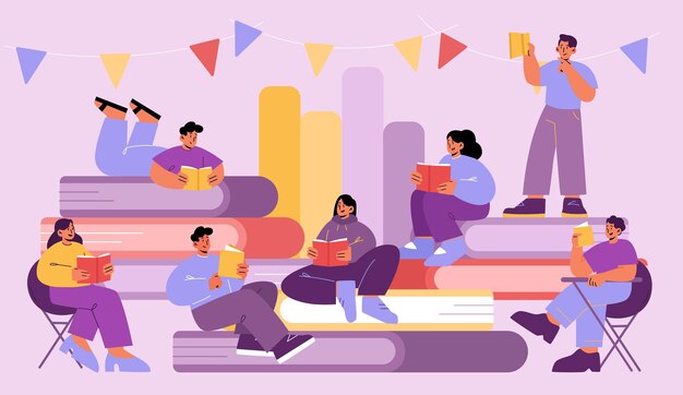 Los jóvenes leen libros en la biblioteca. Los estudiantes estudian en la escuela, colegio o universidad. Ilustración plana vectorial de hombres y mujeres sentados en una pila de libros grandes y leyendo