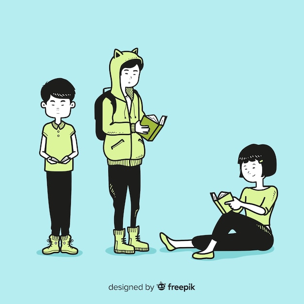 Jóvenes leyendo en estilo de dibujo coreano