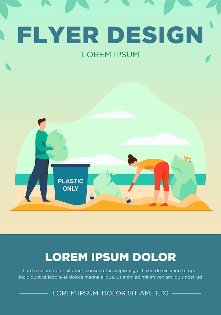 Vector gratuito jóvenes limpiando la playa de la basura. activista, eco, ilustración vectorial plana de plástico. concepto de ecología y medio ambiente