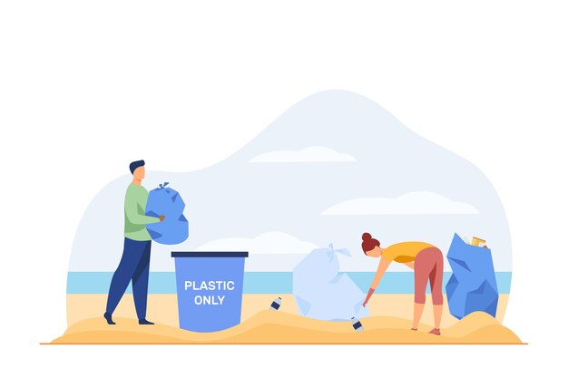 Jóvenes limpiando la playa de la basura. Activista, eco, ilustración vectorial plana de plástico. Ecología y medio ambiente