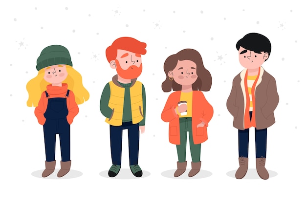 Jóvenes con ropa de invierno y quedándose en la nieve.