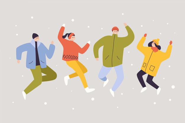 Jóvenes en ropa de invierno saltando