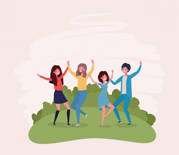 Jóvenes saltando celebrando en el parque personajes.