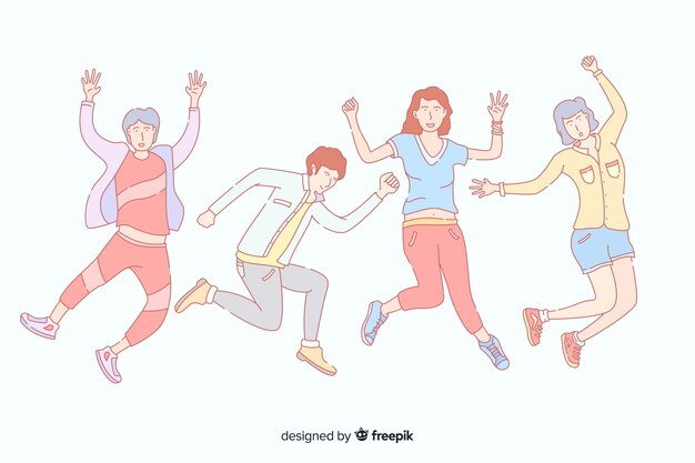 Jóvenes saltando en estilo de dibujo coreano