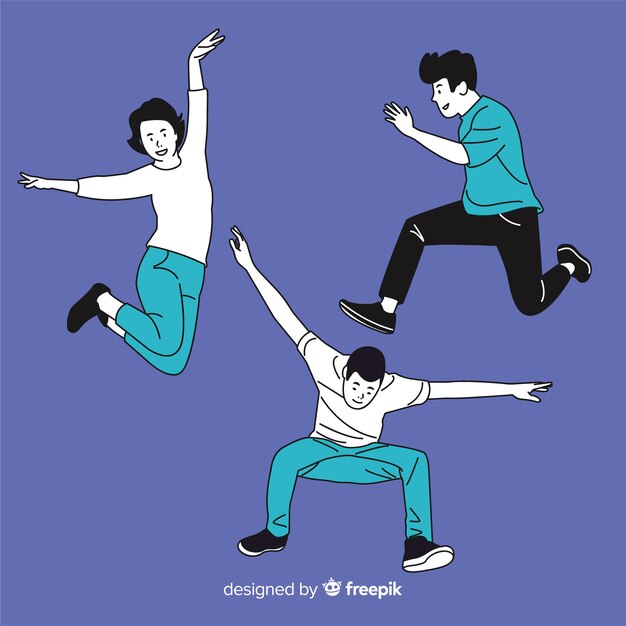 Jóvenes saltando en estilo de dibujo coreano
