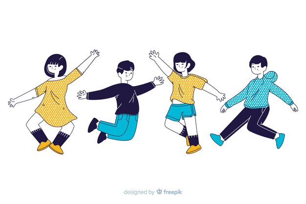 Jóvenes saltando en estilo de dibujo coreano