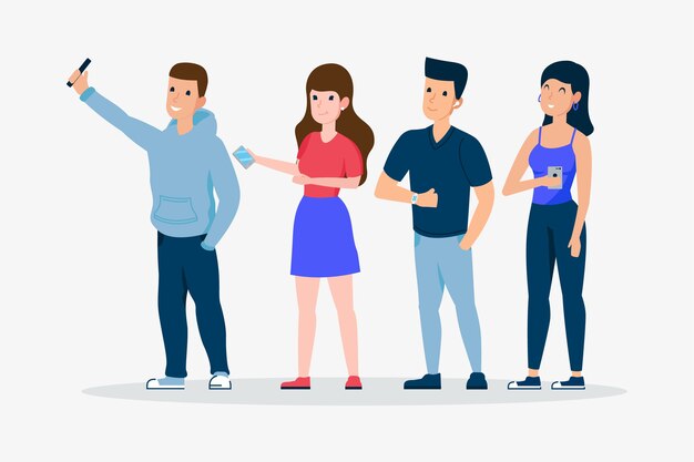 Jóvenes sonrientes que usan sus tecnologías