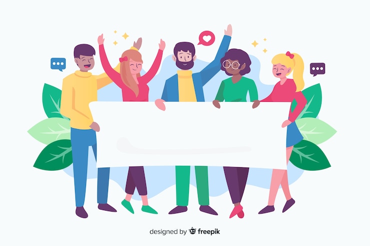 Vector gratuito jóvenes sujetando una pancarta vacía