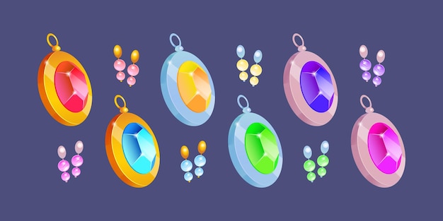 Vector gratuito joyas de dibujos animados, juego de colgantes y pendientes de oro y plata con piedras preciosas y perlas. coulombs de metal o amuletos con gemas de colores, colección de mujeres de joyería de lujo, ilustración vectorial