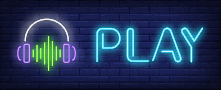 Vector gratuito juega texto de neón con auriculares y onda de sonido.