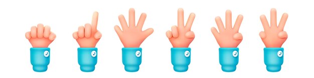 Juego 3D de mano que muestra el puño de uno a cinco dedos