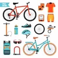 Vector gratuito juego de accesorios de ciclismo y bicicleta.