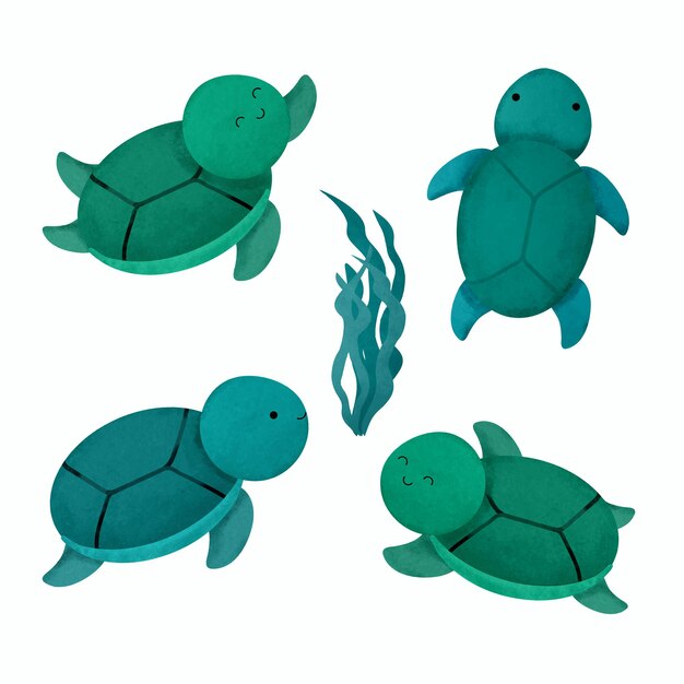 Juego de animales de dibujos animados de color agua para pegatinas y avatares emoji de personajes tropicales y forestales aislados en fondo blanco. Carácter de animales lindos tertle