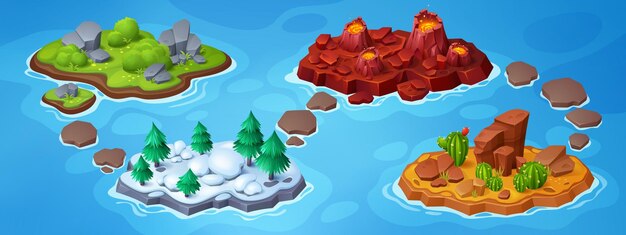Juego de aventura mapa de nivel ui con isla en el fondo vectorial del océano bosque de tierra volcánico en la nieve plataforma desierto con cactus y piedra en la hierba tablero de viaje de fantasía para expedición ilustración 2d