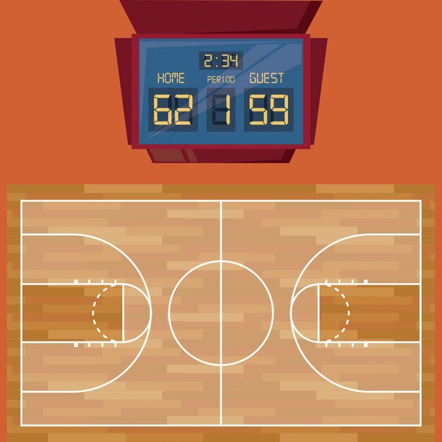 Juego de baloncesto cancha de madera deportiva.