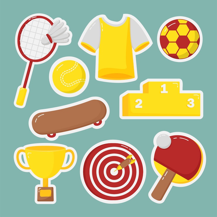 Vector gratuito juego de balones deportivos y equipos de objetos para hacer ejercicio.