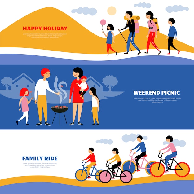 Vector gratuito juego de banners de picnic 3 para vacaciones familiares